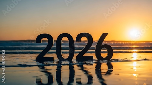 Wallpaper Mural New year 2026 beach sunset with reflective numbers Torontodigital.ca