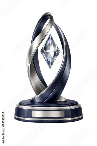 Silver abstract award trophy on transparent background, metallic 3d sculpture with diamond crystal, modern ceremony prize statue for branding, icon, mockup
