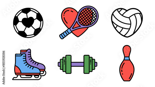 Sports Icons Collection: A colorful and dynamic arrangement of iconic sports symbols, each crafted with vibrant hues and clean lines. This versatile collection captures the essence of sports.