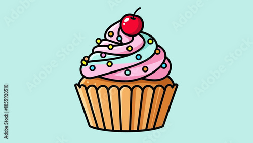 Delicious Cupcake with Pink and Blue Frosting and Cherry Topping.