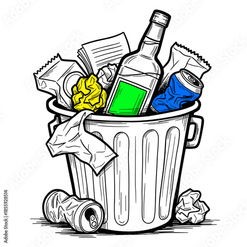 Alcohol bottle in trash bin surrounded by crumpled paper and cans in a sketch style, concept of health