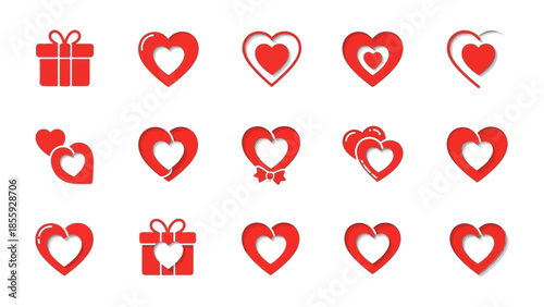 A Medley of Love: A curated arrangement of hearts and gifts, all bathed in a singular vibrant hue, conveying sentiments of affection and care, perfect for visual projects.