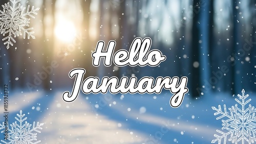 Hello january snowy forest scene with greeting