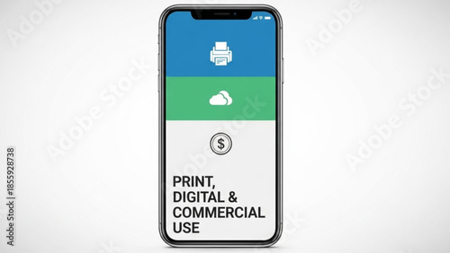 Smartphone screen displaying print, digital and commercial use options on a white background