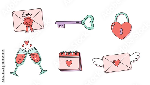 Valentine's Day Elements: A collection of charming Valentine's Day icons with envelope, heart-shaped key and lock, champagne glasses, and calendar.