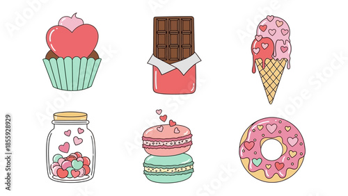 Sweet Treats of Affection: A delightful assortment of treats adorned with hearts, perfect for expressing love and affection, featuring cupcakes, chocolate, ice cream, macaroons, donuts and jar