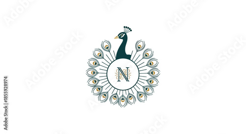 Elegant peacock themed logo with an initial N inside a decorative circle of feathers