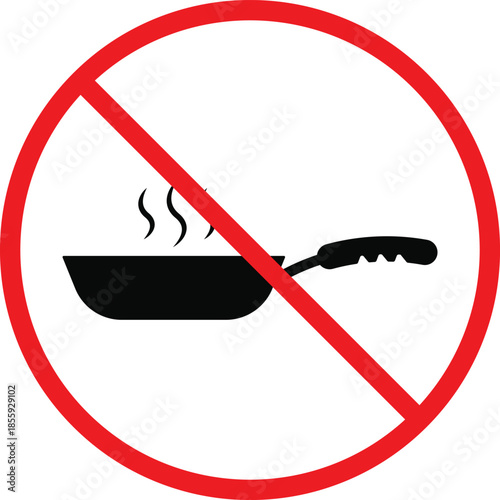 no frying pan icon. Kitchen prohibition symbols. Chopping boards forbidden graphic design. Food prep restriction signs. Food preparation prohibited sign  