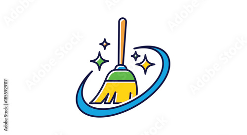 Illustrative cleaning broom with sparkle effect for hygiene or sanitation services design