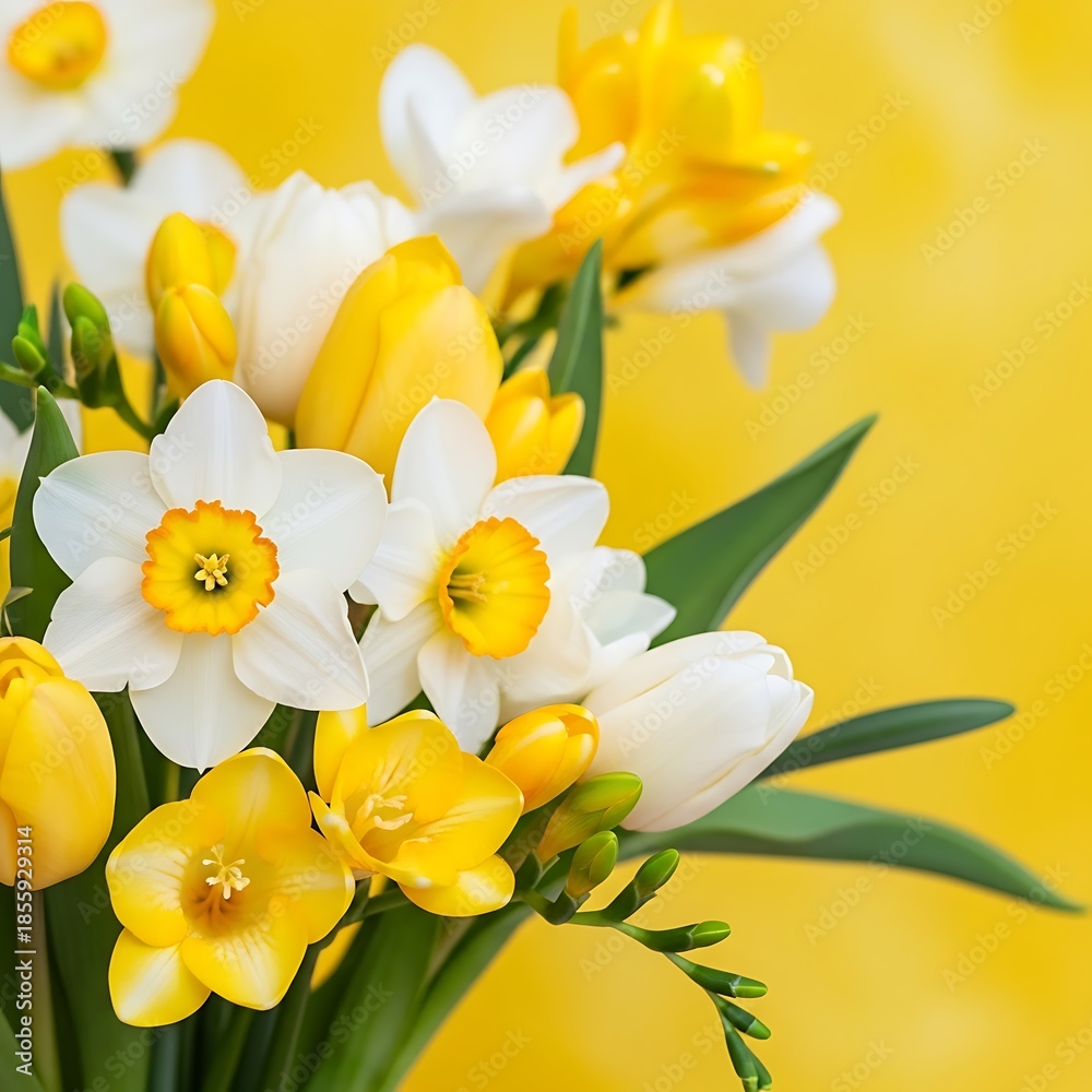 Naklejka premium Spring Bouquet of Tulips, Daffodils, and Freesias.