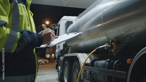 Worker in reflective jacket checks fuel delivery details at night, focusing on tanker truck and equipment, showcasing operational efficiency and safety measures