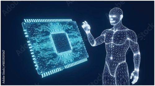 Futuristic Wireframe Human & Glowing CPU Chip. Digital Consciousness, AI and Technology Concept. Vector wireframe illustration.