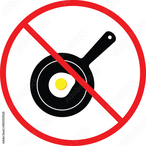 no Frying pan icon with fried eggs. Kitchen prohibition symbols. Chopping boards forbidden graphic design. Food prep restriction signs. Food preparation prohibited sign  
