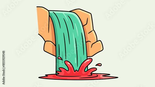 Hands pouring a waterfall of green liquid into a red pool.