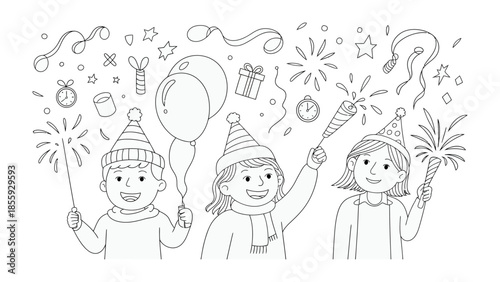 Party Time Celebration: Three joyous children revel in a vibrant holiday celebration, waving sparklers and surrounded by festive decorations.