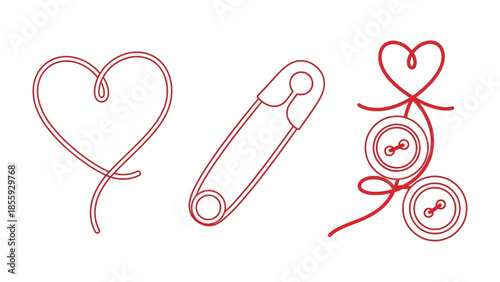 Artistic Red Heart and Sewing Elements: This image has artistic arrangement of red heart illustration and sewing elements on display, creating an atmosphere of simple elegance.