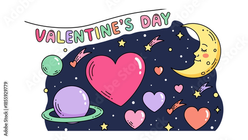Celestial Valentine: A whimsical illustration celebrates Valentine's Day with celestial elements, expressing love, fantasy, and the magic of affection.