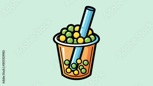 Cartoon Boba Tea Illustration with Colorful Tapioca Pearls.