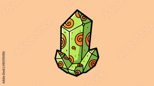 Cartoon Green Crystal with Swirls Illustration on Peach Background.