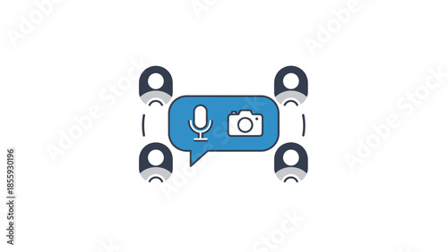 Communication technology concept with microphone and camera icons in speech bubble surrounded by people icons.