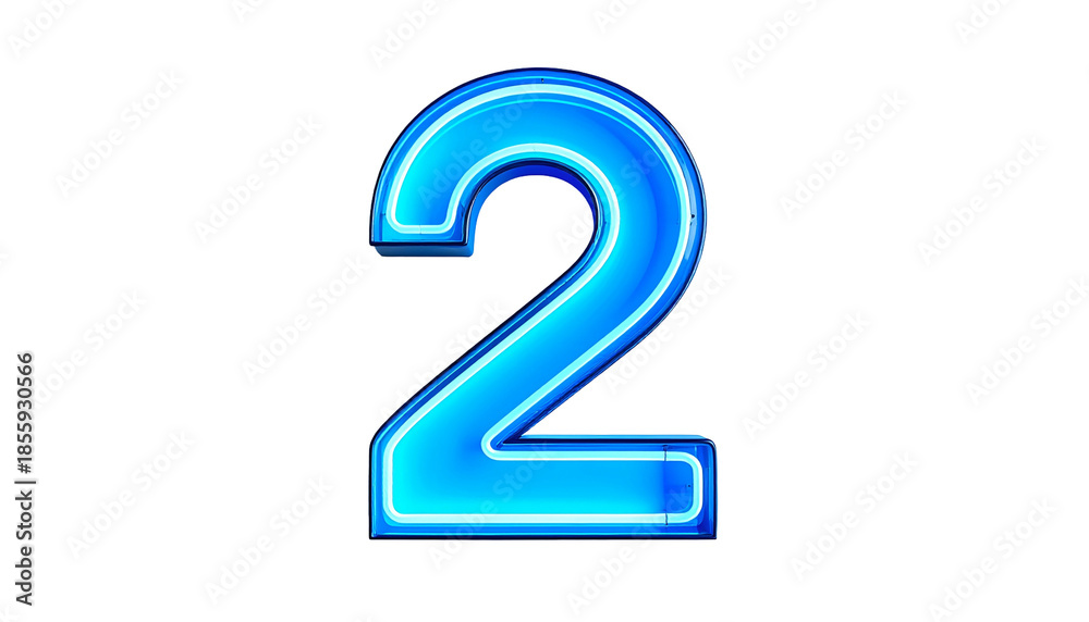 Fototapeta premium A vibrant, neon blue digit '2' with a black background. The number has a glowing, futuristic appearance