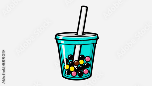 Illustration of a refreshing cup of bubble tea with straw.