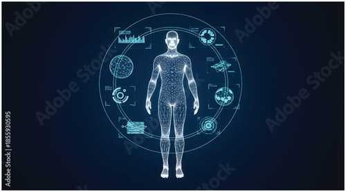 Futuristic Wireframe Human Body with Digital HUD Interface on Blue Background. Vector wireframe illustration.