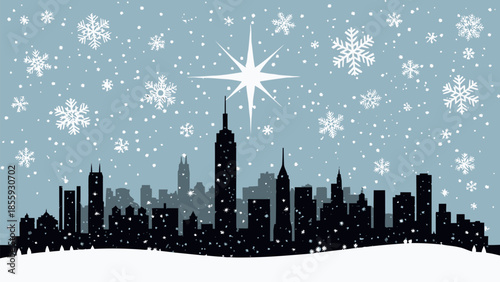 Snowy cityscape with skyscrapers and starry night sky