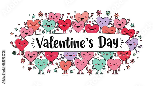 A Valentine's Day Delight: A vibrant ensemble of charming heart-shaped characters come together to celebrate love and affection, spreading joy and warmth.
