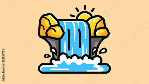 Cartoon Waterfall with Rocks and Sun Illustration in Vector Format.