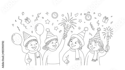 Celebratory Gathering of children: Delightful Illustration of children engaged in jubilant celebration, adorned with party hats, balloons, firecrackers, and an atmosphere of merriment and cheer.