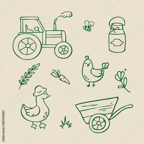 A collection of line drawings of farm animals and garden equipment