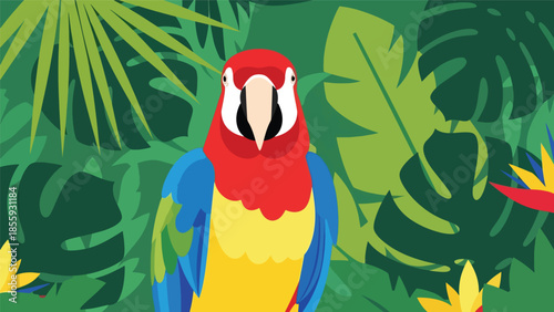Modern vector illustration of close up colorful parrot with tropical jungle background, bold flat style wildlife portrait, ideal for education and nature designs