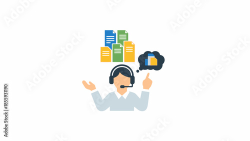 Customer service representative with headset and thought bubble showing documents.