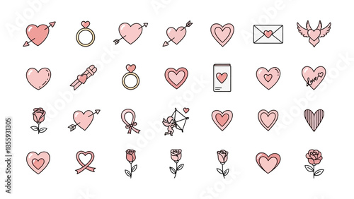 Valentine's Icons: A delightful assortment of Valentine's Day icons, featuring hearts, rings, cupid's arrows, and floral motifs, all designed in a charming and minimalist style.