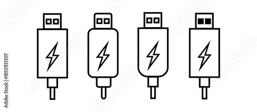 Digital Connection: A set of detailed line drawings showcases various USB chargers, each displaying the universal lightning bolt symbol to represent the swift transfer of power and data.