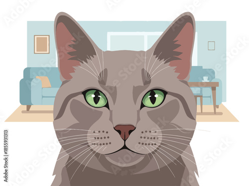 Modern vector illustration of close up cat face with calm expression in home interior, flat style pet portrait, ideal for animal and lifestyle content