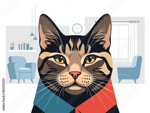 Modern vector illustration of close up cat face with calm expression in home interior, flat style pet portrait, ideal for animal and lifestyle content