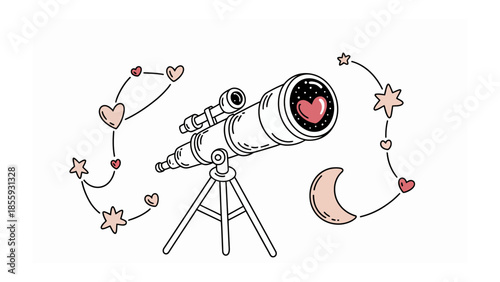 Celestial Gaze of Love: An illustration features a telescope gazing into a universe filled with love, symbolized by stars, hearts, and a crescent moon, creating a romantic scene.
