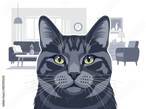 Modern vector illustration of close up cat face with calm expression in home interior, flat style pet portrait, ideal for animal and lifestyle content
