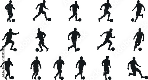 A collection of Silhouettes  soccer players in various dribbling poses 