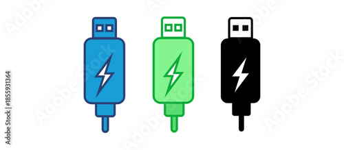 USB Charger Cable illustration: a vibrant collection of three USB charger cables each exhibiting a distinctive color and design, showcasing technological innovation and modern design.
