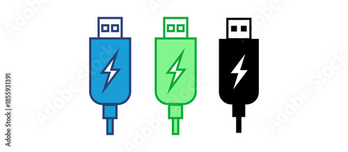  A trio of vibrant USB cables, each radiating a surge of energy, ready to connect and power up devices, symbolizing the flow of data and digital connection.