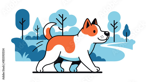 Modern vector illustration of close up smiling dog head in park background, friendly flat style pet portrait, ideal for pet care and lifestyle visuals