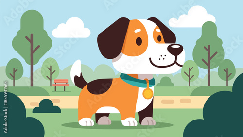 Modern vector illustration of close up smiling dog head in park background, friendly flat style pet portrait, ideal for pet care and lifestyle visuals