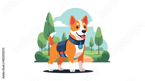 Modern vector illustration of close up smiling dog head in park background, friendly flat style pet portrait, ideal for pet care and lifestyle visuals