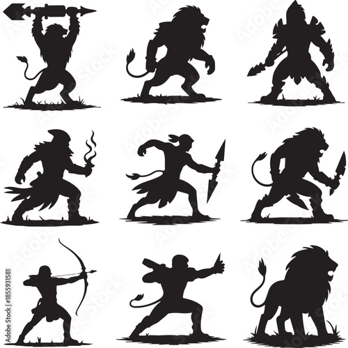 Set of fantasy monster and hero silhouettes in black style