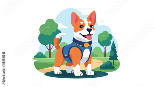 Modern vector illustration of close up smiling dog head in park background, friendly flat style pet portrait, ideal for pet care and lifestyle visuals