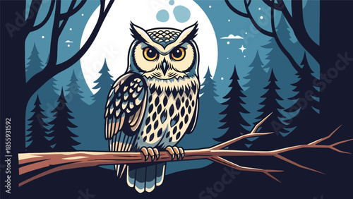Modern vector illustration of close up owl perched on branch with night forest background, flat style wildlife portrait, ideal for education and nature themes