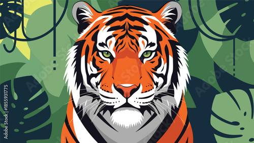 Modern vector illustration of close up tiger face with jungle background, bold flat style wildlife portrait, ideal for conservation and nature visuals